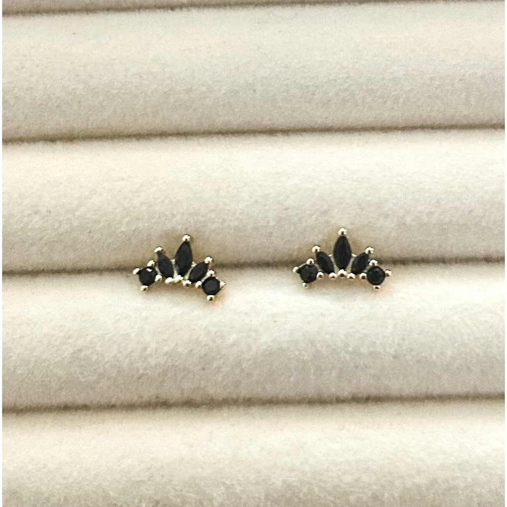 Dainty Cluster Black CZ Fan Earrings 925 Sterling Silver 14k Yellow Gold Plated